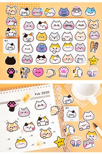 Close-up of cute cat stickers on monthly calendar for DIY journal decoration