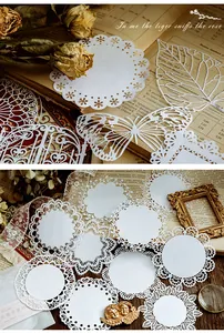 Detailed close-up of intricate white lace hollow paper with butterfly and floral patterns