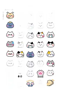 Detailed view of assorted cartoon cat stickers with various expressions and 40mm size dimensions