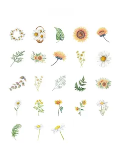 Detailed sheet of daisy and sunflower stickers with artistic watercolor illustrations