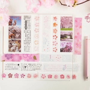 Pink sakura and shiba inu PET stickers for scrapbooking and creative journaling