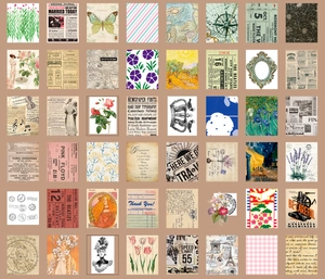 Macro-opname van 48 vintage journaling-papier met florale en klassieke kunstontwerpen