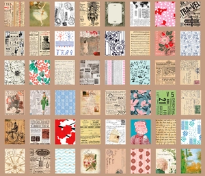 Gedetailleerd overzicht van 56 vintage stickers met bloemen- en retro-motieven in grid