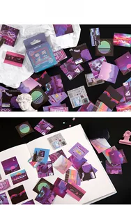 Macro detail of vaporwave aesthetic stickers and vintage computer neon patterns in box
