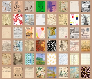Detailoverzicht van 48 vintage scrapbookpapier ontwerpen met kaarten en flora