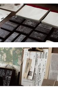 Macro detail of vintage wooden stamps and scrapbook paper from the Twilight series set