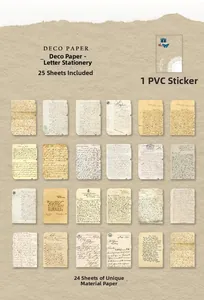 Macro detail of 25-piece vintage deco paper set with antique handwriting and stamp motifs