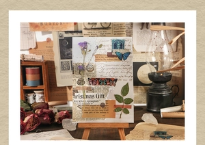 Vintage collage material cards with purple flowers and butterflies on a wooden easel