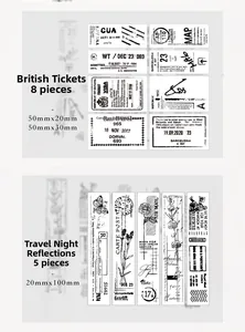 Macro detail of retro stationery stamp set featuring vintage travel tickets and flower designs