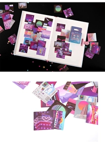 Detailed close-up of retro vaporwave aesthetic paper stickers with neon art and pixel motifs