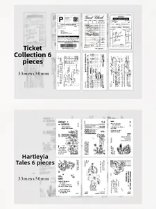 Detail view of vintage scrapbooking stickers showing sizes 33x50mm and retro ticket designs