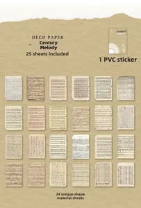 Flat lay of 25-piece vintage music score deco paper and PVC sticker set for DIY scrapbooking