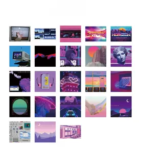 Macro view of vaporwave aesthetic stickers featuring retro PC icons and neon urban designs