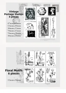 Detailed view of vintage postage stamps and floral text designs for DIY scrapbooking decor