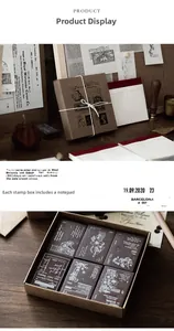 Close-up of vintage wooden stamp set with 6 pieces and matching notepad for DIY journals