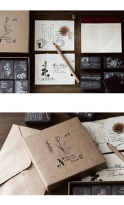 Detail showing vintage wooden stamps with tulip patterns and kraft paper packaging set