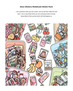 Macro detail of cute PET stickers with fruit, snacks, and drinks for creative journaling