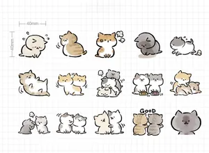 Detailed grid layout of 15 unique hand-drawn cat stickers with 40mm size specs