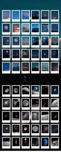 Close-up of Polaroid-style celestial stickers showing moon phases and starry nebula galaxy