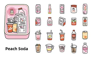 Detail view of 20 cute peach soda and food themed stickers for journal decoration