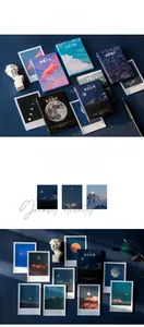 Detail of artistic galaxy and mountain scenery stickers for scrapbooking and DIY decor