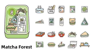 Macro detail of Matcha Forest cartoon food stickers featuring cats and sushi designs
