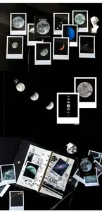 Detail of artistic galaxy and moon phase stickers for DIY journals and scrapbooking