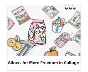 Detail shot of cute hand-drawn PET stickers for scrapbooking showing snacks and animals