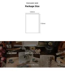 Detailed sizing guide for vintage scrapbooking paper pack showing 120mm x 170mm dimensions