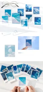 Detailed view of aesthetic sky-themed LOMO stickers and Polaroid-style decorative cards
