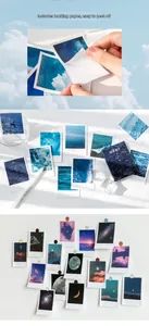 Detailed view of ocean and sky themed polaroid style stickers for DIY scrapbooking decor