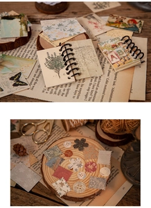 Detailweergave van vintage scrapbookbenodigdheden met botanische kaarten en texturen