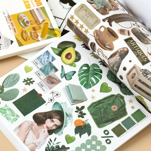 Vintage sticker set voor journaling met botanische planten en retro karakter ontwerpen