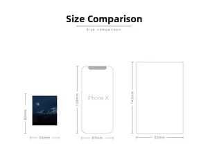 Size comparison chart showing 58x80mm LOMO stickers vs 67x138mm iPhone X dimensions