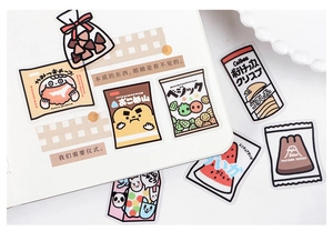 Close-up of cute cartoon snack stickers featuring Japanese food designs for journals