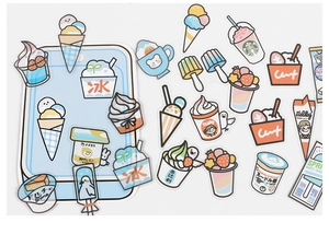 Detailed view of cute cartoon dessert stickers including ice cream cones and soda cups