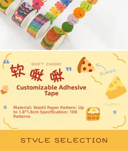 Close-up of cute cartoon washi paper stickers showing pizza and cat patterns