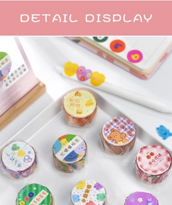 Detail display of hand-drawn cartoon washi tape rolls for scrapbooking and DIY crafts