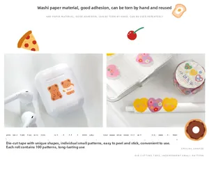 Detailed view of hand-drawn cartoon washi tape with cute bear and floral motifs