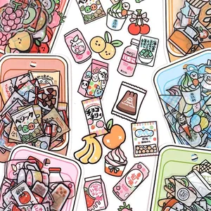 Cute Japanese PET stickers with colorful snacks, milk tea, and fruits for journaling