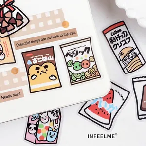 Cute cartoon snack PET stickers for journaling featuring colorful food and animal designs