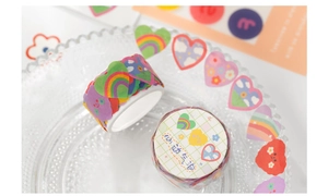 Detailed view of heart-shaped washi tape rolls with cute cartoon patterns for journaling