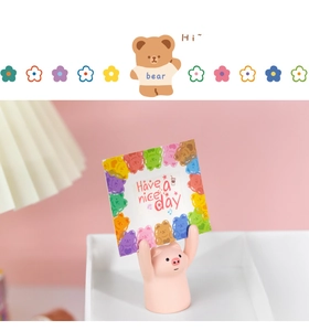 Pink resin pig mini card holder for desk with cute bear illustration decoration