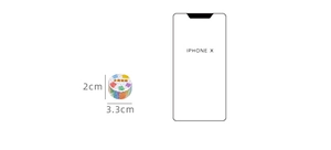 Size comparison of cartoon bear washi tape next to a phone showing 2cm width and 3.3cm diameter