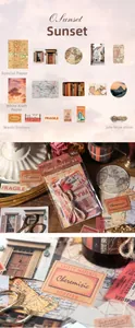 Detalle del kit de scrapbooking vintage con mapas retro y papel estético de atardecer