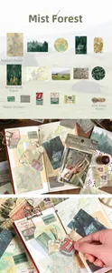 Detalle del pack de papelería vintage Mist Forest con pegatinas Kraft y cuerda de cáñamo