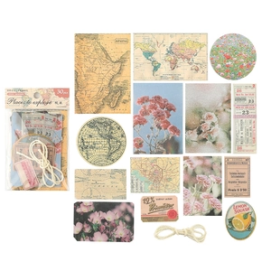 Set de 30 pegatinas vintage con mapas y flores y cuerda para manualidades y decoración