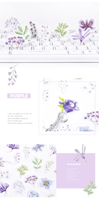 Close-up of watercolor purple floral stickers placed on a keyboard for journal decor