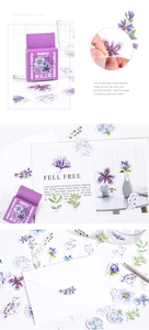 Detailed views of purple flower stickers for journaling including watercolor floral designs