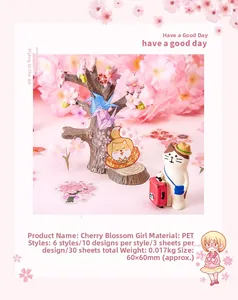 Detailed view of Sakura Girl PET stickers for DIY scrapbooking with 60x60mm dimensions